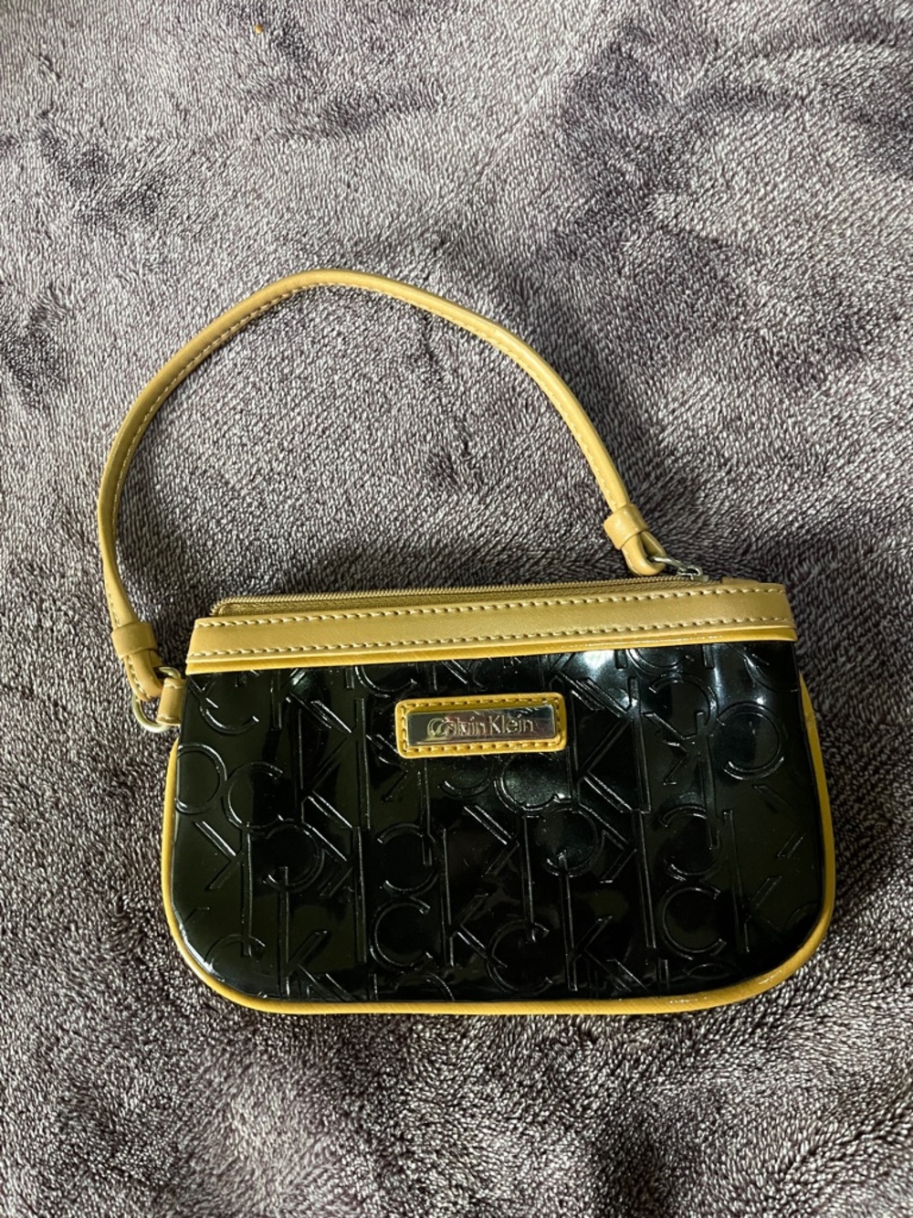 Calvin Klein Black Patent Mini Wristlet with Tan Trim
